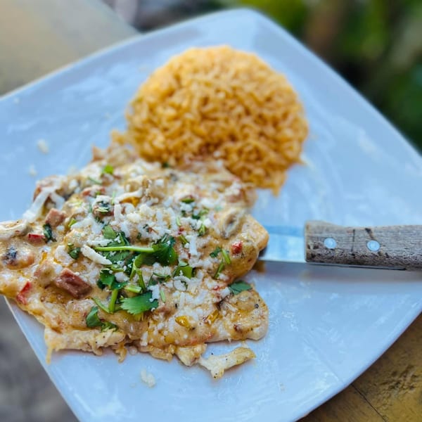 Chaparral Mexican Restaurant's creamy chicken dish with rice, topped with cheese and cilantro.