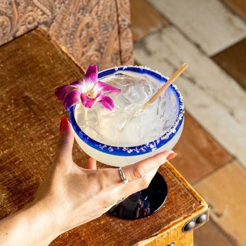 A hand holding a margarita with a blue rim, salt, ice, and a purple orchid garnish.